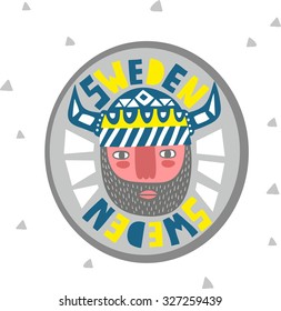 Colorful portrait of viking. Creative emblem of Sweden.