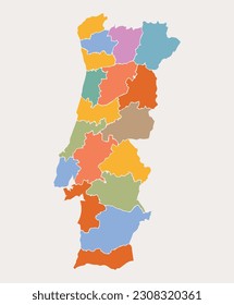 Colorful Portugal map with regions and main cities. Vector illustration.
