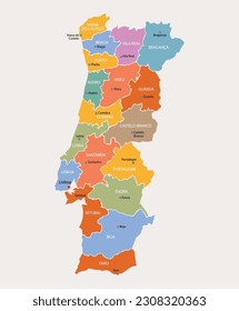 Colorful Portugal map with regions and main cities. Vector illustration.