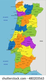 Colorful Portugal political map with clearly labeled, separated layers. Vector illustration.