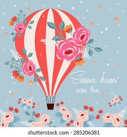 Colorful positive floral summer background - balloon and flowers (vector template)