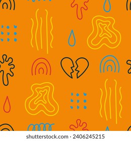 Colorful positive seamless pattern with abstract doodle shapes. Modern hand drawn wavy and curvy doodle elements on orange background. Repeat vector illustration of various lines and forms