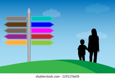 Colorful post guide information the way with blue sky background and silhouette people vector