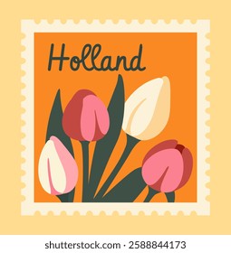 Colorful postage stamp featuring tulips and the word Holland in a decorative font. The design is in a flat graphic style with an orange background. Travel concept. Vector illustration