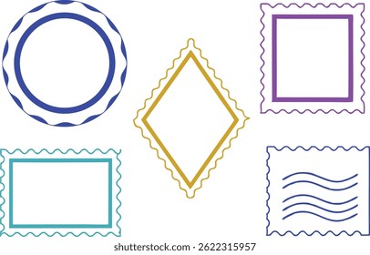 Colorful Postage Stamp Frame Set in Various Shapes. Wavy Line Borders for Vintage Mail and Envelope Design. Vector Decorative Outline Elements Isolated on White Background.