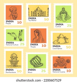 Colorful postage stamp set with indian element. India national culture design at postal mark collection, vector illustration. Hand drawn man woman character, architecture and music instrument