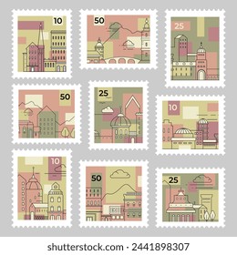 Colorful postage stamp set with line architecture. Post mark collection with city landmark elements, vector illustration. Urban building facade at postal sticker template design