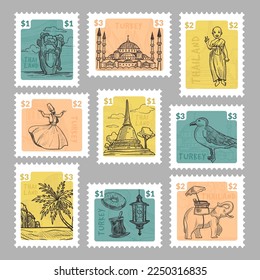 Colorful postage stamp set with thailand, turkey. Hand drawn landmark and national elements at postage mark collection, vector illustration. Traditional asia country design for postmark