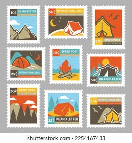 Colorful postage stamp with travel camping element. Flat tent at landscape, postmark collection design, vector illustration. Active journey concept at stamp, campsite elements with text