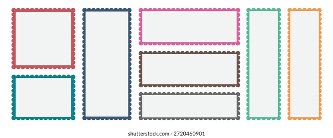 Colorido conjunto de sellos postales. Publicar marcos y bordes de sellos. Rectángulo, Plantilla cuadrada para el correo, Ilustración vectorial.