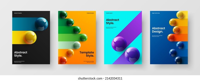 Conjunto de plantillas de diseño de vectores de la tarjeta postal A4 colorida. Esferas realistas únicas paquete de diseño de página principal.