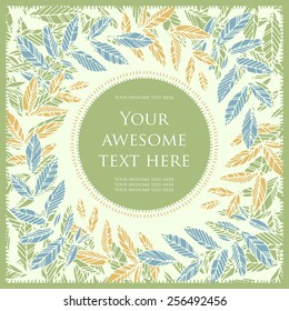 Colorful postcard. Cartoon flowers framed by a circular shape with text.