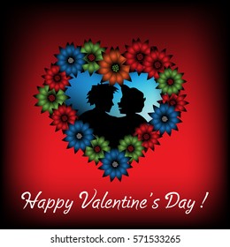 Colorful postcard with a couple inside of a heart made from flowers. Valentine`s Day greeting concept