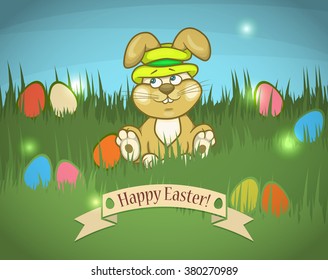 Colorful postcard for Easter with cartoon Rabbit and eggs