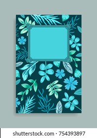 Colorful postcard with herbs drawn in shades of blue and turquoise. Vector illustration with beautiful branches with wide leaves and herbal plants