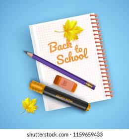 Colorful postcard in honor of back to school, Welcome back to school card with school supplies and stationery. Vector eps 10 illustration