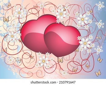 Colorful postcard illustration with hearts and flowers