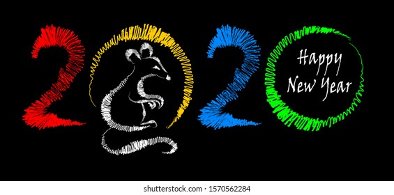 Colorful postcard for the New Year 2020 with a rat on the black background