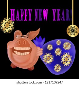 A colorful postcard with a pig happy new year greetings