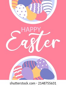 Farbige Postkarte oder Poster mit bunten Eiern. Frohe Ostern-Grußkarte. Flache Vektorgrafiken.