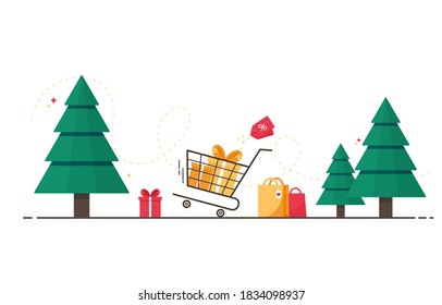 Colorful postcard for winter holidays with pine trees and presents. Sale for Merry Christmas, New Year, xmas. Shopping cart with gifts. December event. Christmas eve. On white background. Eps 10  