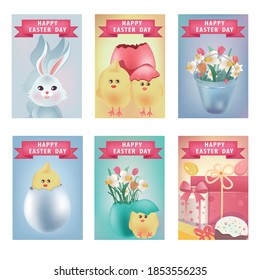 colorful postcards for easter  rabbit chicken flowers