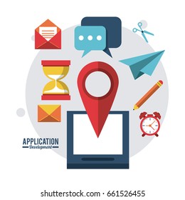 colorful poster application development with smartphone mail clock map pointer