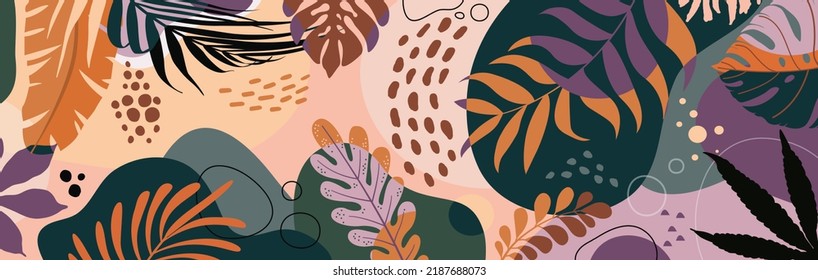 Colorida ilustración vectorial de fondo de afiches.Plantas exóticas, ramas, arte impreso para belleza, moda y productos naturales, wellness, boda y evento.