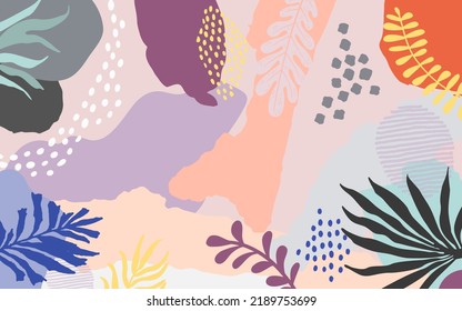 Colorida ilustración vectorial de fondo de afiches.Plantas exóticas, ramas, arte impreso para belleza, moda y productos naturales, wellness, boda y evento.
