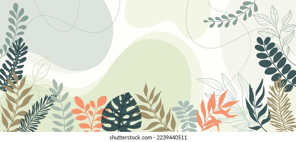 Colorful poster background vector illustration.Exotic plants, branches,art print for beauty, fashion and natural products,wellness, wedding and event.