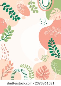 Colorida ilustración vectorial de fondo de afiches.Plantas exóticas, ramas, arte impreso para belleza, moda y productos naturales, wellness, boda y evento.	