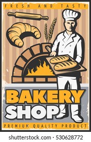 Colorful poster for bake shop in vintage style with baker character with trencher and bread vector illustration