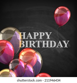 colorful poster with balloons and chalk letters on blackboard background. happy birthday