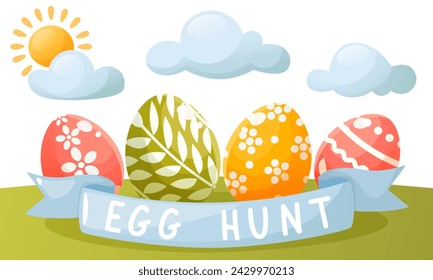 Colorful poster, banner on the theme of Easter egg hunt, Happy Easter. Multi-colored painted Easter eggs with ribbon and text on a green meadow with sun and clouds. Spring vector illustration.