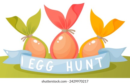 Colorful poster, banner on the theme of Easter egg hunt, Happy Easter. Multi-colored painted Easter eggs with ribbon and text on a green meadow with sun and clouds. Spring vector illustration.