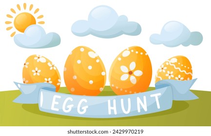 Colorful poster, banner on the theme of Easter egg hunt, Happy Easter. Yellow painted Easter eggs with ribbon and text on a green meadow with sun and clouds. Spring vector illustration.