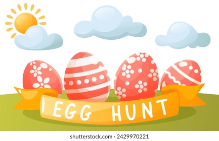 Colorful poster, banner on the theme of Easter egg hunt, Happy Easter. Pink painted Easter eggs with ribbon and text on a green meadow with sun and clouds. Spring vector illustration.