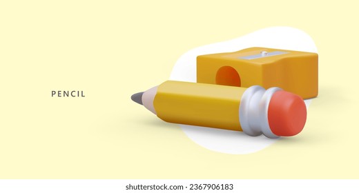 Colorful poster with big pencil and sharpener. 3d placard with elements for stationery store. Vector illustration in yellow and orange colors with place for text