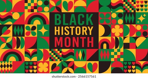 A colorful poster for Black History Month. The poster features a variety of shapes and colors, including squares, triangles, and circles. The poster is designed to celebrate the diversity