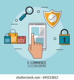 colorful poster in blue background of e-commerce and shopping with smartphone in closeup and buying process icons