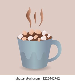 Colorful poster with blue mug of hot chocolate, marshmallow