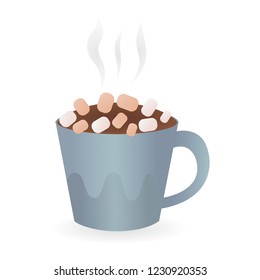 Colorful poster with blue mug of hot chocolate, marshmallow Vector illustration