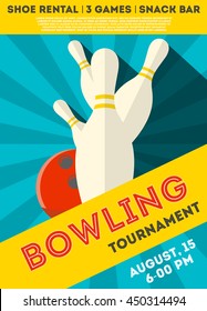 Colorful  poster of bowling  tournament. Vector illustration . Bowling tournament flyer design on blue background. Flat style. Can be used for ad, promo of bowling contest. Layout template in A4 size.