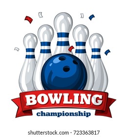 Colorful poster for bowling tournament. Vector template poster with composition of bowling skittles, blue bowling ball and inscription on red ribbon 1.1