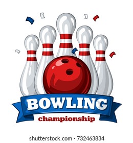 Colorful poster for bowling tournament. Vector template poster with composition of bowling skittles, red bowling ball and inscription on blue ribbon 1.1