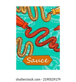 Colorful Poster With Burger Sauce. Vivid Brochures For Fast Food Cafe Or Restaurant. Unhealthy Meal And Nutrition Concept. Template For Promotional Leaflet Or Flyer