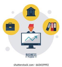 colorful poster business portfolio with briefcase computer parthenon and books