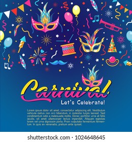 Colorful poster for Carnival party. Can be used edit text for greeting card. Vector illustration.
