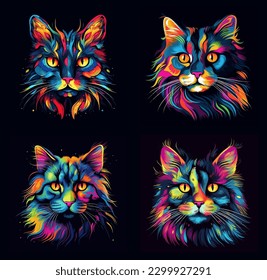 Colorful poster with cat portrait isolated on black background