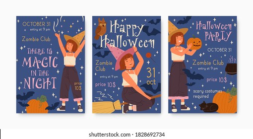 Colorful poster for childish Halloween party. Placard with little cute red haired witch riding magical broomstick, holding pumpkin. Flat vector cartoon illustration of happy girl in mage hat